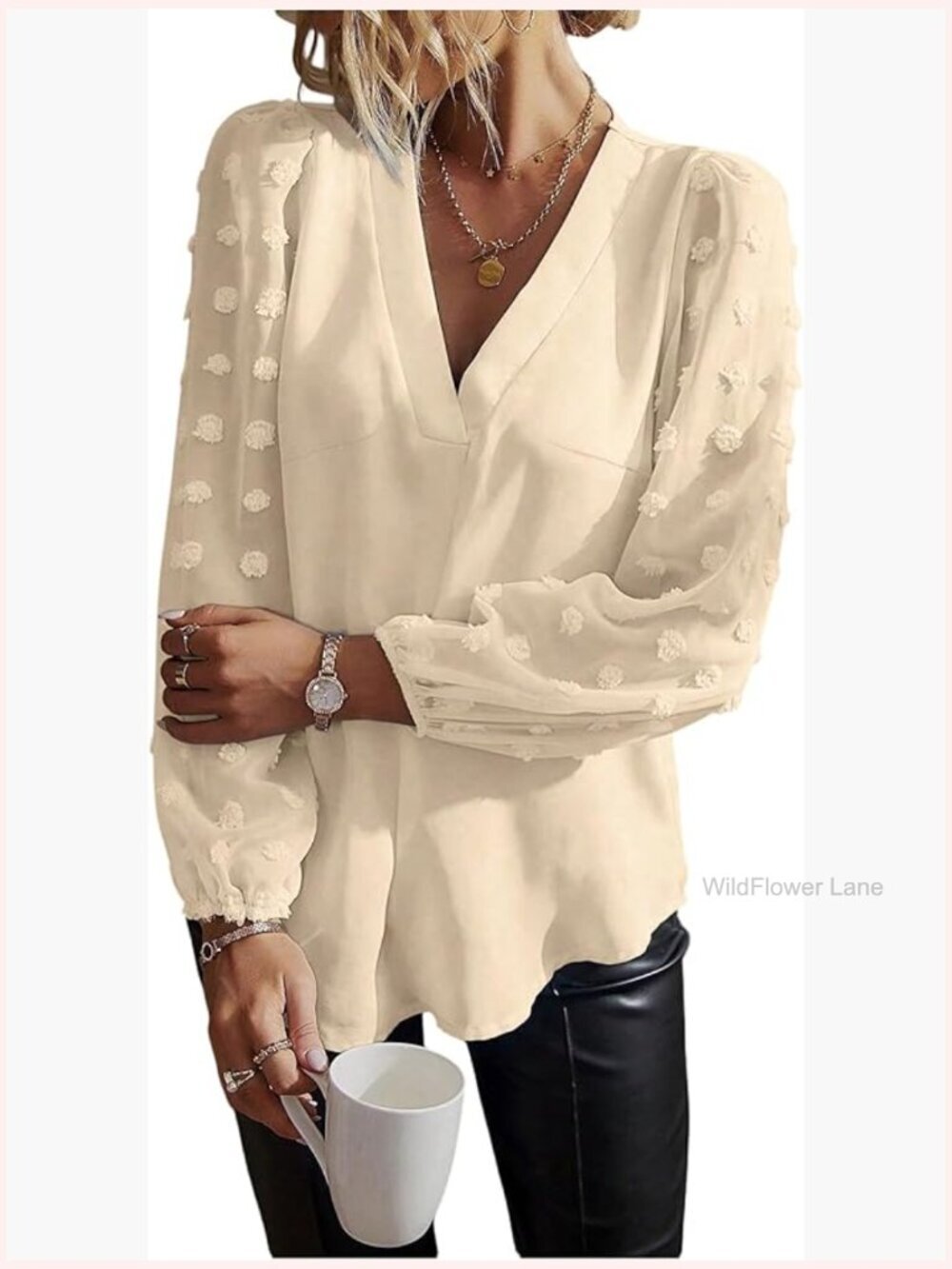 Dressy Casual Blouse Lantern Sleeve V-Neck Swiss Dots Work Top